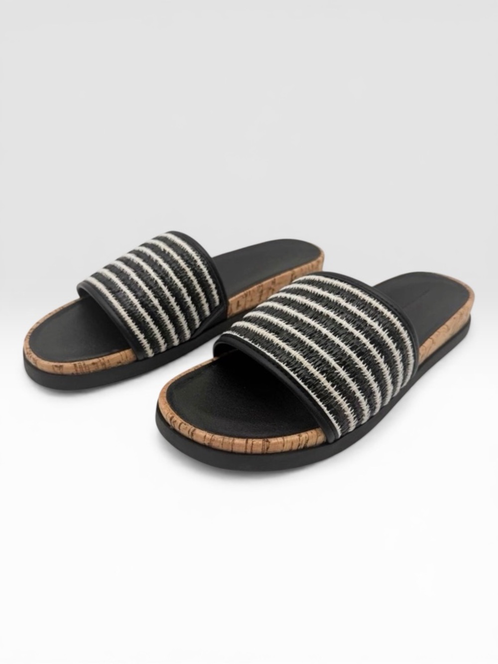 Lucky Brand Dylina Raffia Woven Slide Sandals Open Toe Striped Cork Black 10 NEW